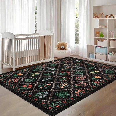 Floral Rugs for Living Room Bedroom Farmhouse Geometric Area Rugs Soft Low Pile Non-Slip Indoor Mat for Living Room Bedroom