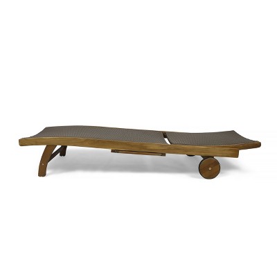 Teak and Brown Wicker Chaise Lounger with Pull-Out Tray, Set of 4