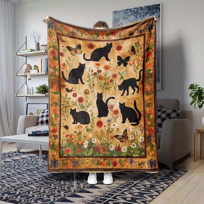 Pastoral Style Cat Pattern Decorative Office Nap Portable Throw Blanket, Floral and Fauna Design, Christmas Gift.