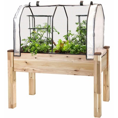 CedarCraft Elevated Cedar Garden Vegetable Flower Herb Planter with Dual Zipper Door Greenhouse Cover for Patios and Backyards