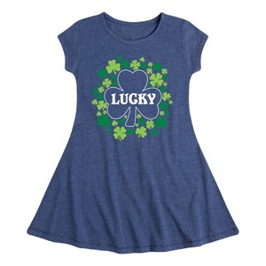 Girls' - Instant Message - St. Patrick's Day Lucky Shamrocks Filled Fit & Flair Cap Sleeve Dress - 1 of 3
