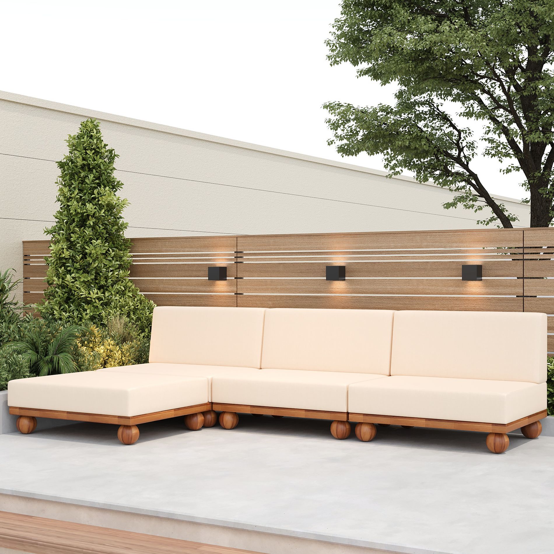 Scott Living Dulcie 4 Piece Outdoor Acacia Wood L Shape Sectional Sofa with Removable Cushions, Beige