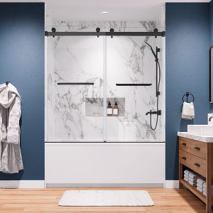 60x75-Inch Modern Double Door Shower Enclosure with Matte Black Stout Frame and Aluminum Alloy Square Channel - 1 of 4
