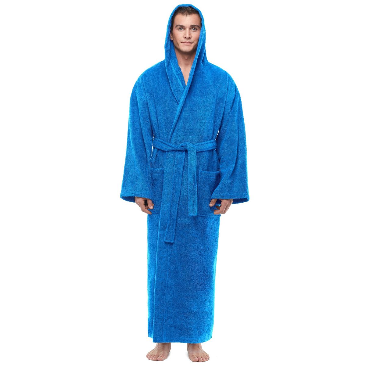 Arus Men's Turkish Terry Cotton Hooded Robe, Full Length Long Bathrobe with Hood