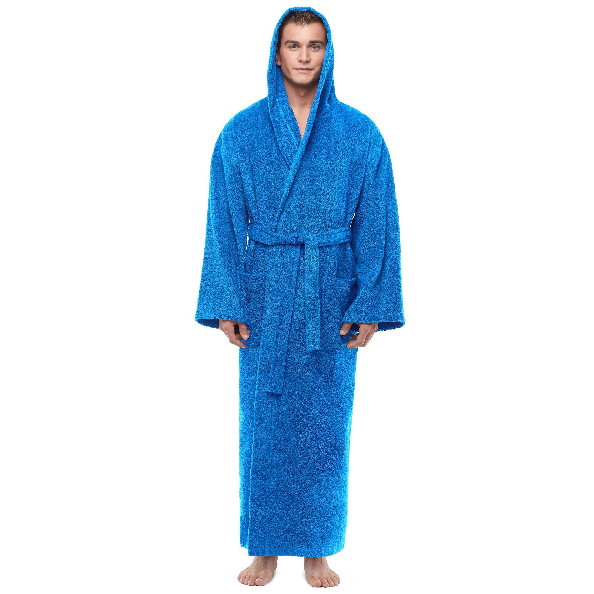 Arus Men's Turkish Terry Cotton Hooded Robe, Full Length Long Bathrobe with Hood , Azure  , Large/X Large