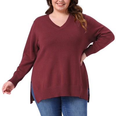 Women's Plus Size V Neck Long Sleeve Slit Hem Casual Pullover Fall Winter Knit Sweater - Agnes Orinda