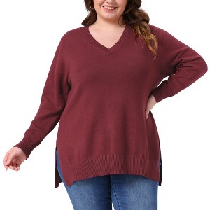 Women's Plus Size V Neck Long Sleeve Slit Hem Casual Pullover Fall Winter Knit Sweater - Agnes Orinda - 1 of 4