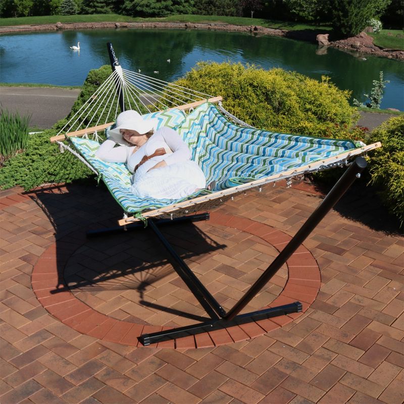Sunnydaze Cotton Rope Freestanding Hammock with Spreader Bar with Portable Steel Stand and Pad and Pillow Set - 12' Stand, 2 of 15