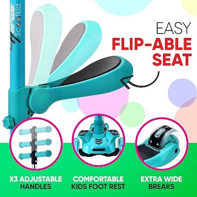 Teal Adjustable 3-Wheel Kids Scooter with LED Lights and Fold-Out Seat