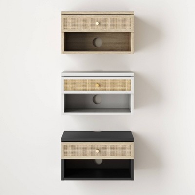 Light Oak and Rattan Floating Nightstand with Brass Knob