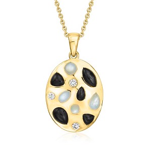 Ross-Simons Onyx, Mother-Of-Pearl and .17 ct. t.w. Lab-Grown Diamond Pendant Necklace in 18kt Gold Over Sterling Size 18 - 1 of 3