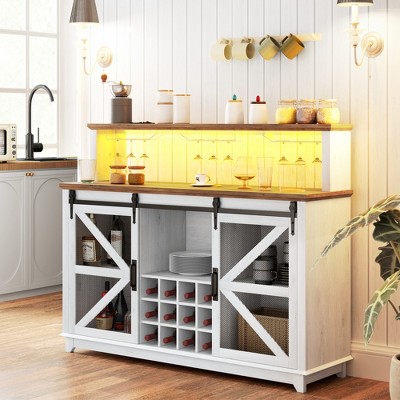 HOMCOM Farmhouse Coffee Bar Cabinet with LED Lights and Sliding Barn Doors, 55" Wine Bar Cabinet with Wine Racks and Glass Holder, Distressed White