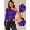 INSPIRE CHIC Women's Sparkly Sequin One-Shoulder Puff Long Sleeve Shimmer Tops - 2 of 4