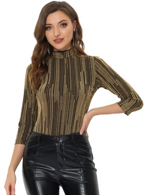 INSPIRE CHIC Women's Party Glitter 3/4 Sleeve Stand Up Neck Shiny Striped Metallic Blouse