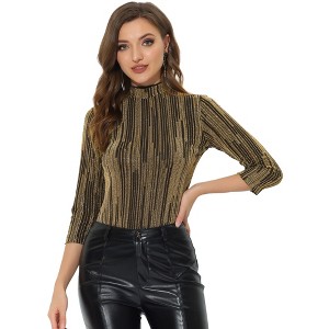INSPIRE CHIC Women's Party Glitter 3/4 Sleeve Stand Up Neck Shiny Striped Metallic Blouse - 1 of 4