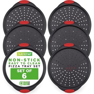 NutriChef 14.8" 6-Piece Non-Stick Perforated Pizza Tray with Silicone Handle Carbon Steel NCBPIZ1X6 - 1 of 4