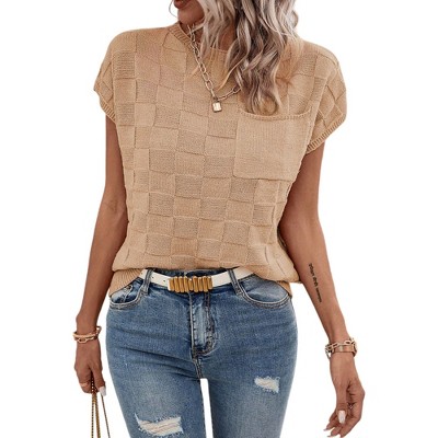 Amaryllis Women's Sleeveless Checkerboard Knit Top with Chest Pocket Relaxed Fit Casual Wear