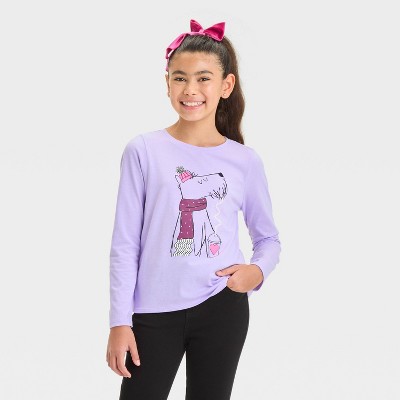 Image of Girls' Long Sleeve 'Winter Pup' Graphic T-Shirt - Cat & Jack™ Lavender M