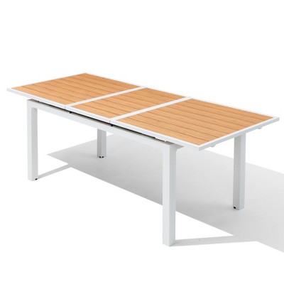 Crestlive Products Outdoor Dining Table, 63"-83" Patio Extendable Dining Table with Wooden-Like Top and White Aluminum Frame