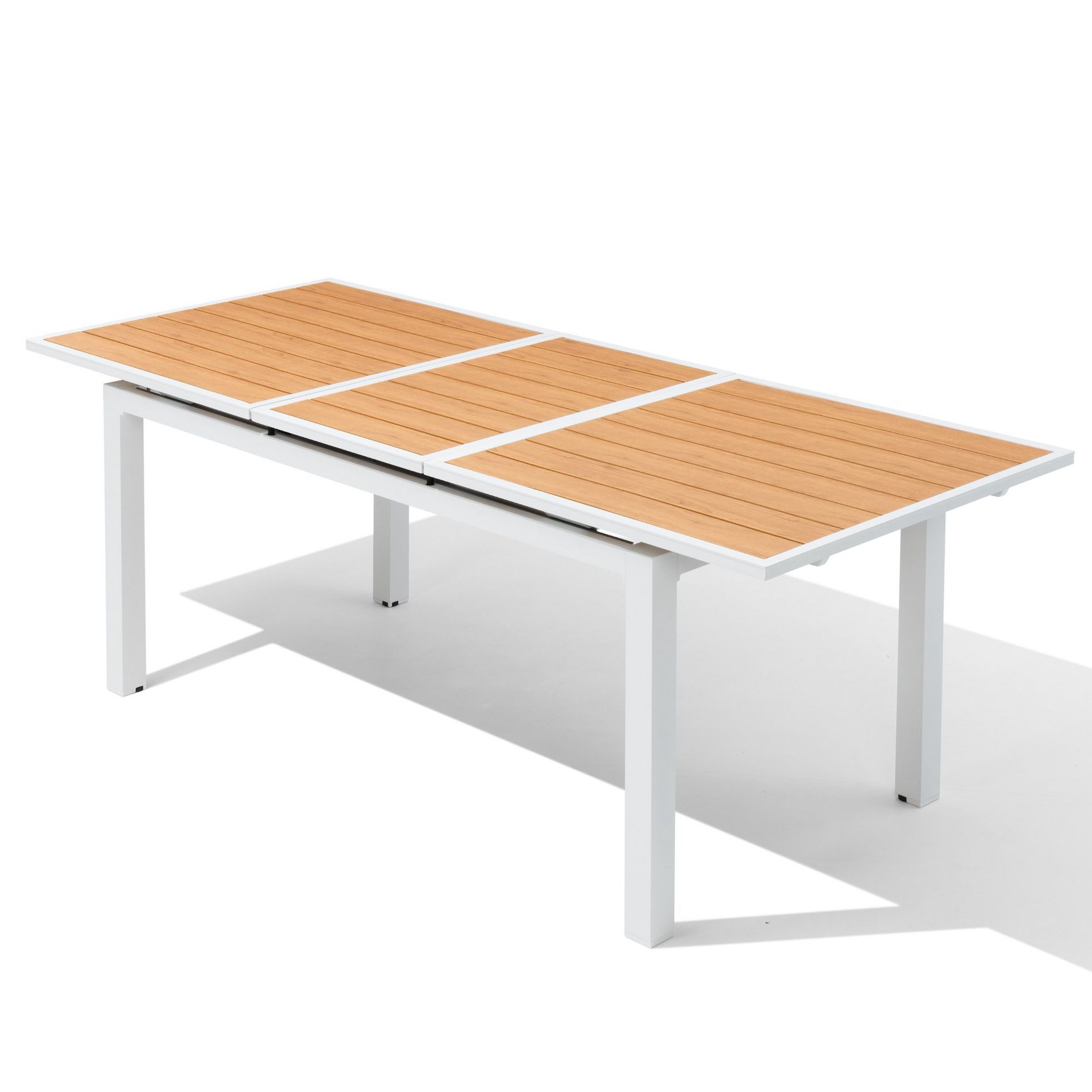 Crestlive Products Outdoor Dining Table, 63"-83" Patio Extendable Dining Table with Wooden-Like Top and White Aluminum Frame Brown
