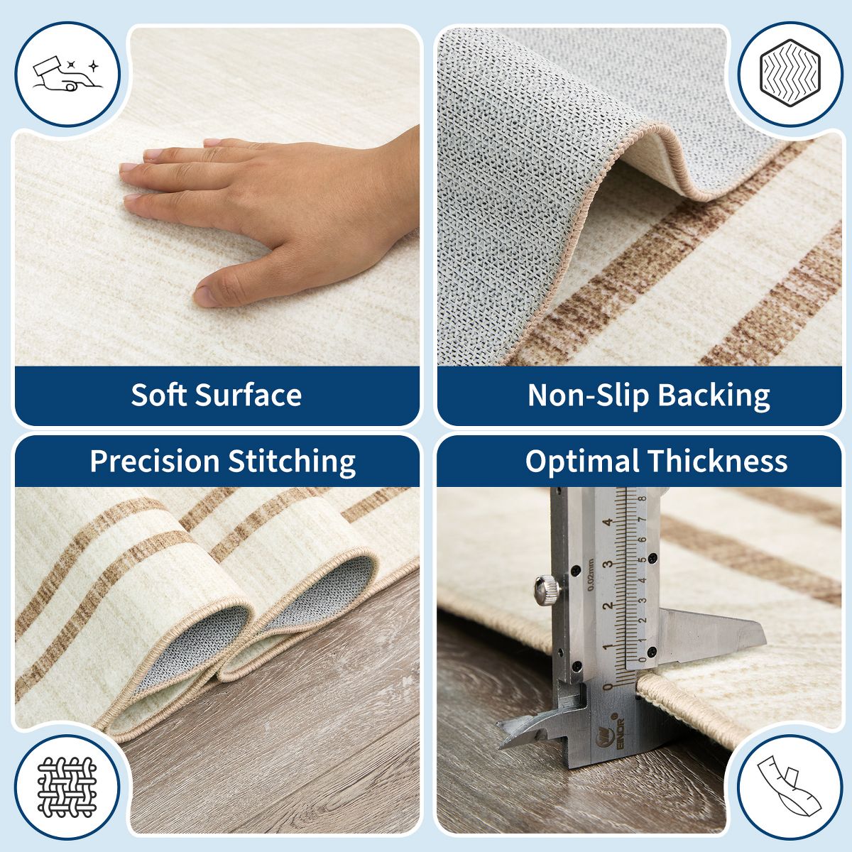 Bordered Washable Area Rug with Non-Slip TPR Backing, Soft Neutral Carpet - thumbnail 8