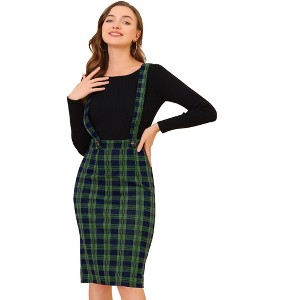 Allegra K Women's Plaid Shiny High Waist Pencil Midi Suspender Skirt - 1 of 4