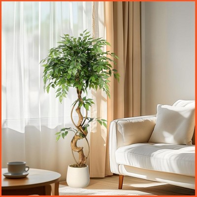 Artificial Tree with Curved Trunk，4 Feet Faux Plant Fake Silk Trees with White Pot