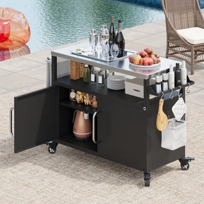 Lycvki 54.5" Outdoor Grill Cart with Stainless Steel Tabletop and 4 Lockable Wheels for Outside BBQ