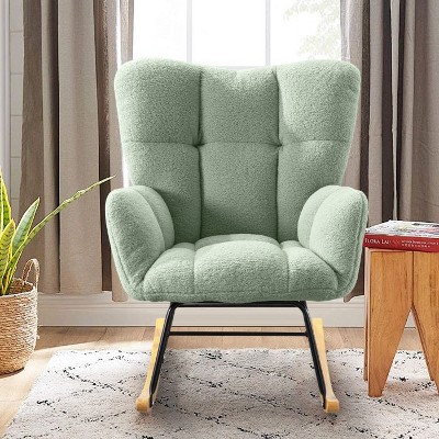 Modern Teddy Fabric Rocking Accent Chair with Solid Wood Base & Metal Frame, Upholstered Lounge Chair with Ergonomic Back & Armrests