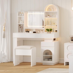 Modern 3 Drawers Vanity Desk with Light and Mirror, Large Dressing Table with Vanity Stool, Power Outlet & Light Strip for Bedroom, White - 1 of 4