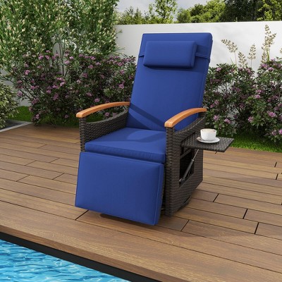Costway Outdoor 360° Swivel Rattan Recliner Chair Patio Wicker Chaise Lounge Chair Beige/Navy