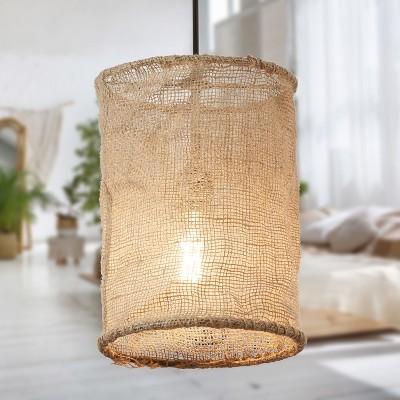 Tan Jute and Black Metal Cylinder Pendant Light