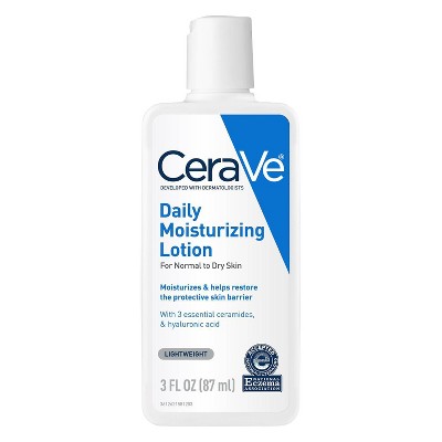 CeraVe Daily Moisturizing Lotion for Normal to Dry Skin with Hyaluronic Acid and Ceramides, Face and Body Moisturizer, Fragrance Free - 3 fl oz