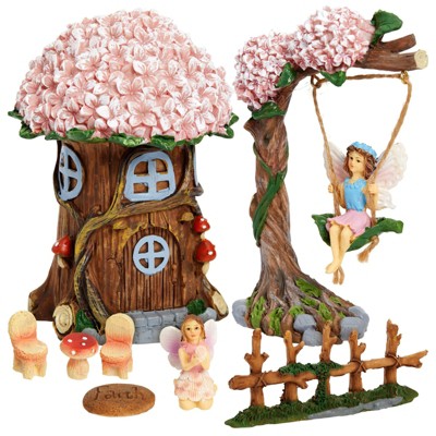 Miniature Fairy Garden Kit with Pink Tree House and Figurines