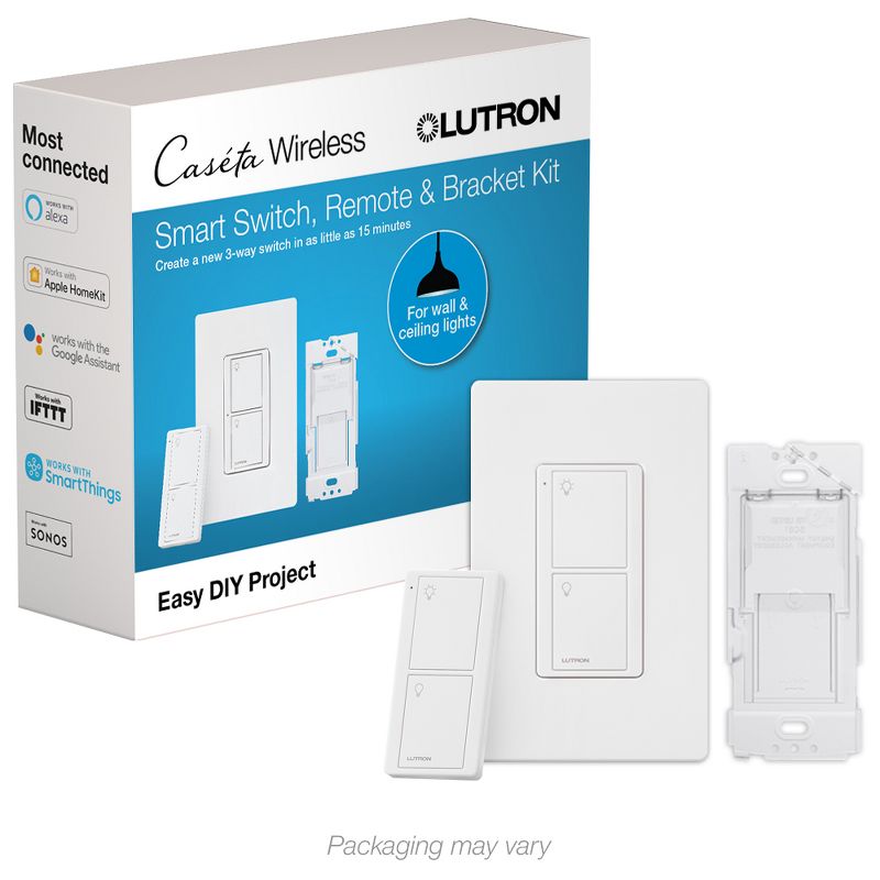 Lutron Caseta Smart Switch Kit with Remote | 3-Way (2 Points of Control) (Smart Hub Required) | Neutral Wire Required | P-PKG1WS-WH | White, 1 of 9