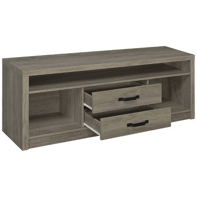 Modern Driftwood Gray TV Console with 2 Drawers and Open Shelving