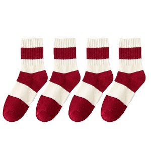 Anna-Kaci Women's 4 Pairs Striped and Solid Knit Socks with Bow Embroidery Ribbed Cuffs and Soft Stretch Fabric - 1 of 4