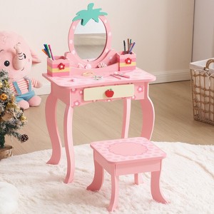 Angel Sar Apple Print Kids Vanity Set, 1-Drawer 2-Compartment Children's Dressing Table with Stool, MDF Play Makeup Desk for Girls - 1 of 4
