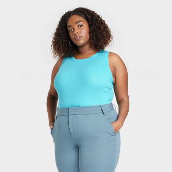 Women's Slim Fit Ribbed High Neck Tank - A New Day™ Aqua Blue 4X