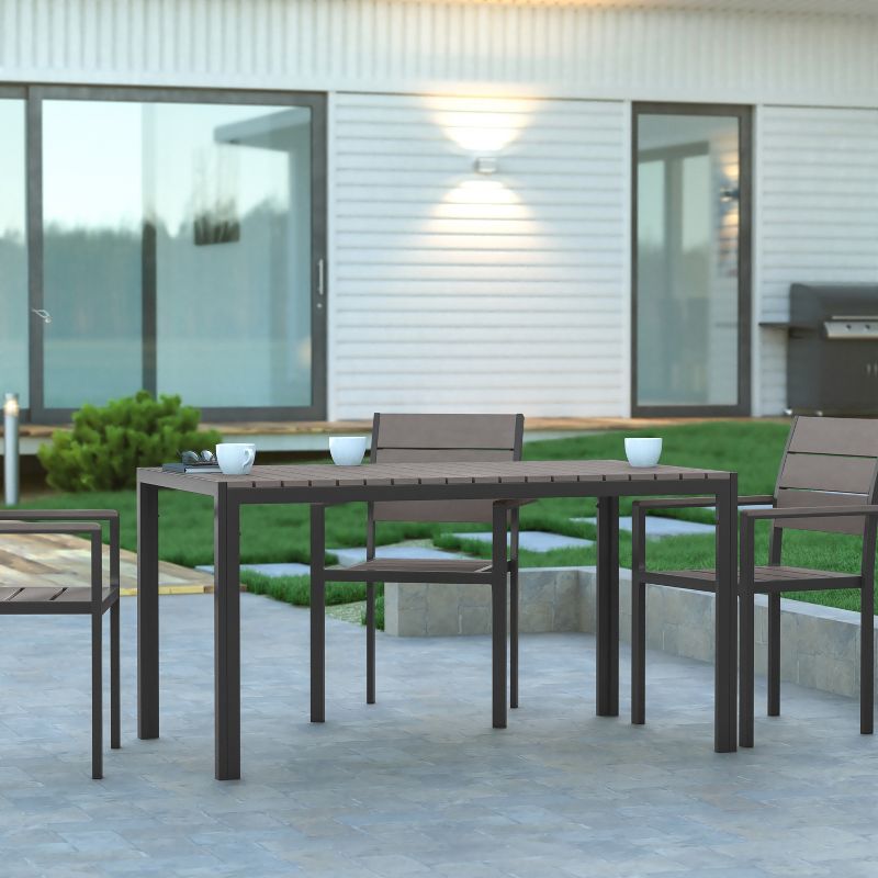 Emma and Oliver 55" x 31" Outdoor Dining Table with Faux Teak Poly Slat Top and Metal Frame, 2 of 12