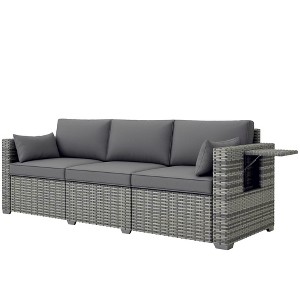 Outsunny 3 Seater Wicker Sofa with Side Trays, Rattan Outdoor Patio Couch with 6" Thick Back Cushions, Deep Seating for Porch, Garden, Mixed Gray - 1 of 4