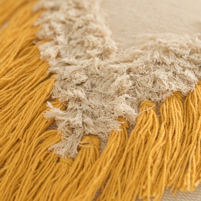 16" Beige and Yellow Handwoven Cotton Throw Pillow Cover with Fringed Design