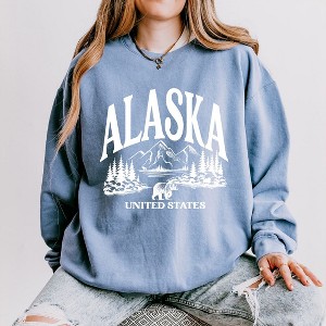 Simply Sage Market Women's Lightweight Garment Dyed Graphic Sweatshirt Alaska Forest Scene - 1 of 4