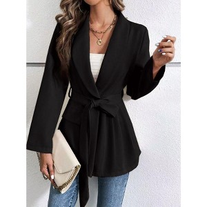 Women's Casual Blazers Long Sleeve Open Front Suit Work Office Blazers Jacket with Wrap-Belted - 1 of 4