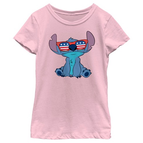 Girl's Lilo & Stitch American Flag Sunglasses Stitch T-Shirt - Light Pink -  X Small