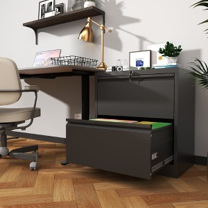 Vynxaria 2 Drawer Lateral File Cabinet with Lock, Metal Lateral Filing Cabinet for Home Office, Steel Wide Horizontal Filing Cabinets,black - 1 of 4