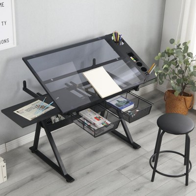 Vynxaria black adjustable tempered glass drafting printing table with chair
