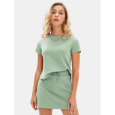 EXLURA Womens Casual Summer 2 Piece Short Skirt Sets Short Sleeve Tshirt And Tennis Skort Dressy Cotton Matching Sweatsuits