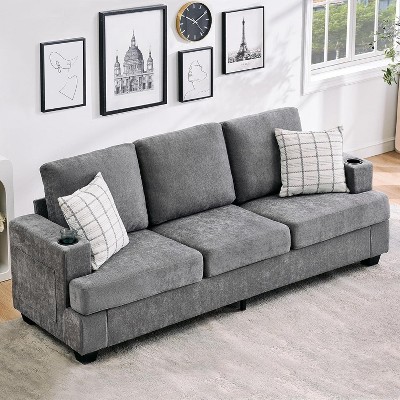 89-Inch Modern 3-Seater Sofa Couch with Cup Holders and Side Storage Pockets, Comfy Couches with Deep Seat for Living Room Apartment Lounge