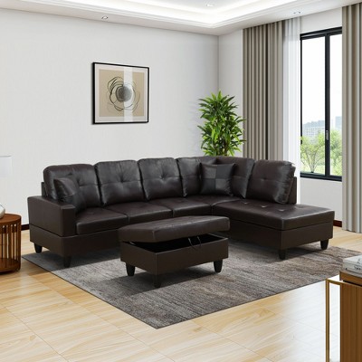 Dark Brown Faux Leather L-Shaped Sectional Sofa